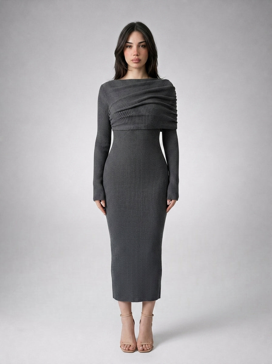 Rosanna Ribbed Draped Boat Neck Long Sleeve Maxi Dress in Grey