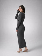 Rosanna Ribbed Draped Boat Neck Long Sleeve Maxi Dress in Grey