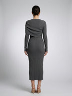 Rosanna Ribbed Draped Boat Neck Long Sleeve Maxi Dress in Grey