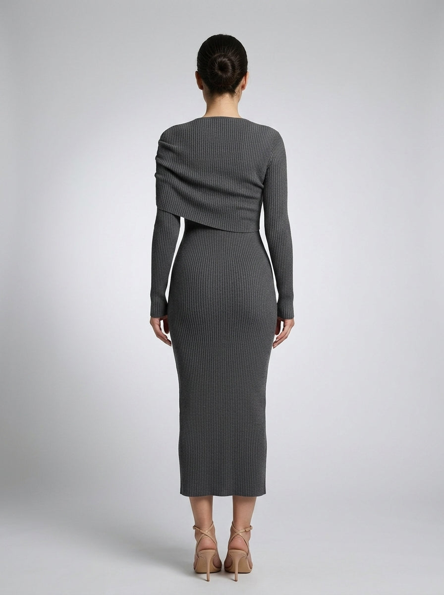 Rosanna Ribbed Draped Boat Neck Long Sleeve Maxi Dress in Grey