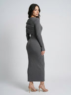 Rosanna Ribbed Draped Boat Neck Long Sleeve Maxi Dress in Grey