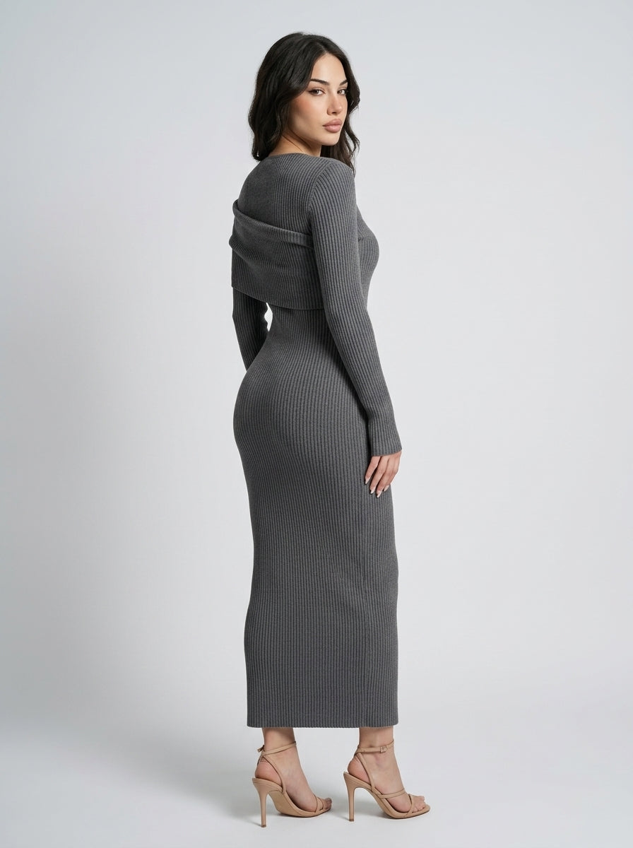 Rosanna Ribbed Draped Boat Neck Long Sleeve Maxi Dress in Grey