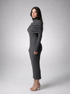 Rosanna Ribbed Draped Boat Neck Long Sleeve Maxi Dress in Grey