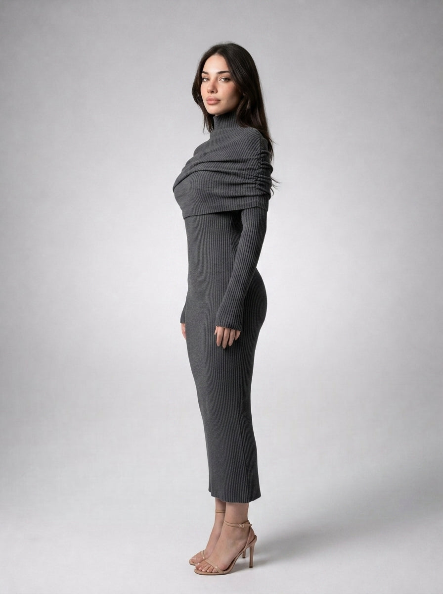 Rosanna Ribbed Draped Boat Neck Long Sleeve Maxi Dress in Grey