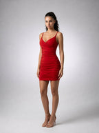 Halcyon V Neck Spaghetti Strap Ruched Mini Dress in Red