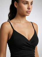 Halcyon V Neck Spaghetti Strap Ruched Mini Dress in Black