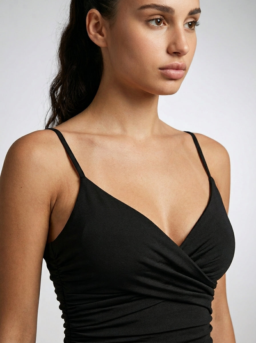 Halcyon V Neck Spaghetti Strap Ruched Mini Dress in Black