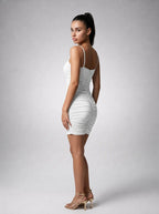 Halcyon V Neck Spaghetti Strap Ruched Mini Dress in White