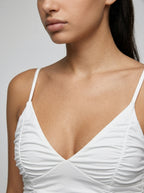 Halcyon V Neck Spaghetti Strap Ruched Mini Dress in White