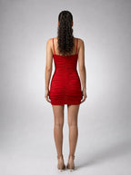 Halcyon V Neck Spaghetti Strap Ruched Mini Dress in Red