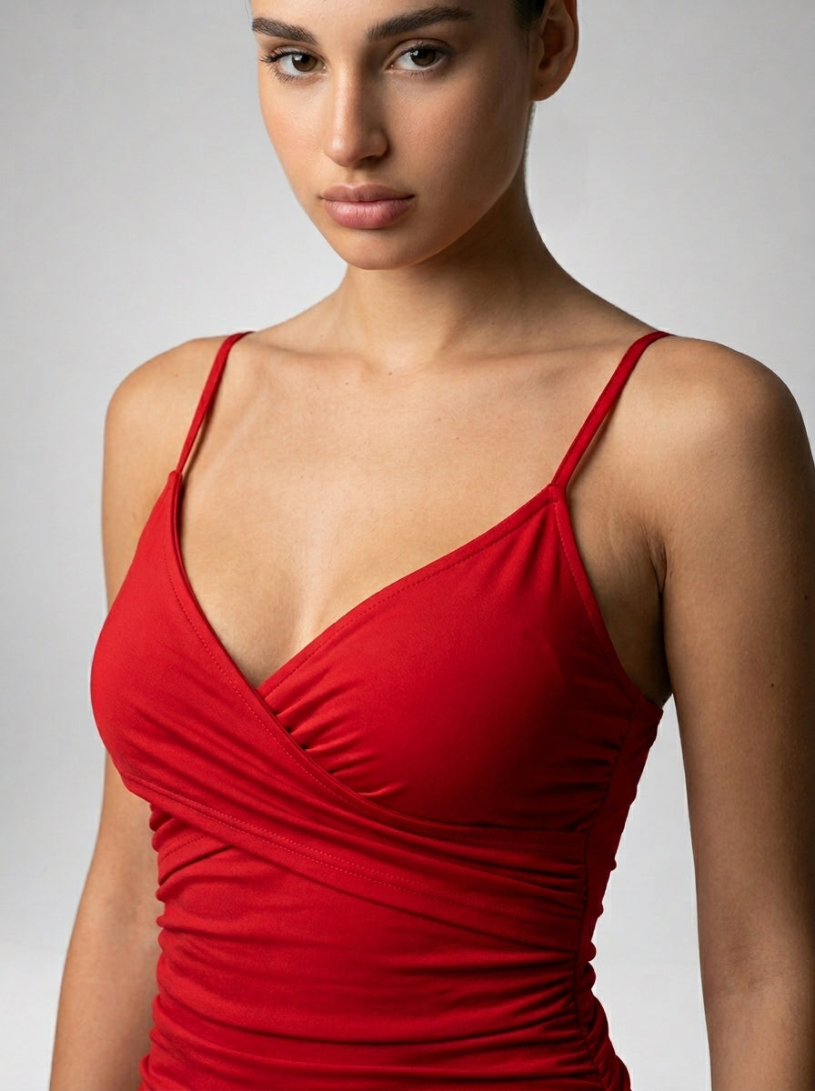 Halcyon V Neck Spaghetti Strap Ruched Mini Dress in Red