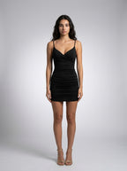 Halcyon V Neck Spaghetti Strap Ruched Mini Dress in Black