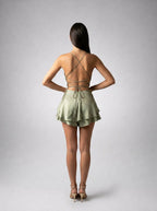 Bijou Satin Cowl Neck Spaghetti Strap Mini Dress in Green