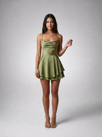 Bijou Satin Cowl Neck Spaghetti Strap Mini Dress in Green