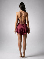 Bijou Satin Cowl Neck Spaghetti Strap Mini Dress in Burgundy