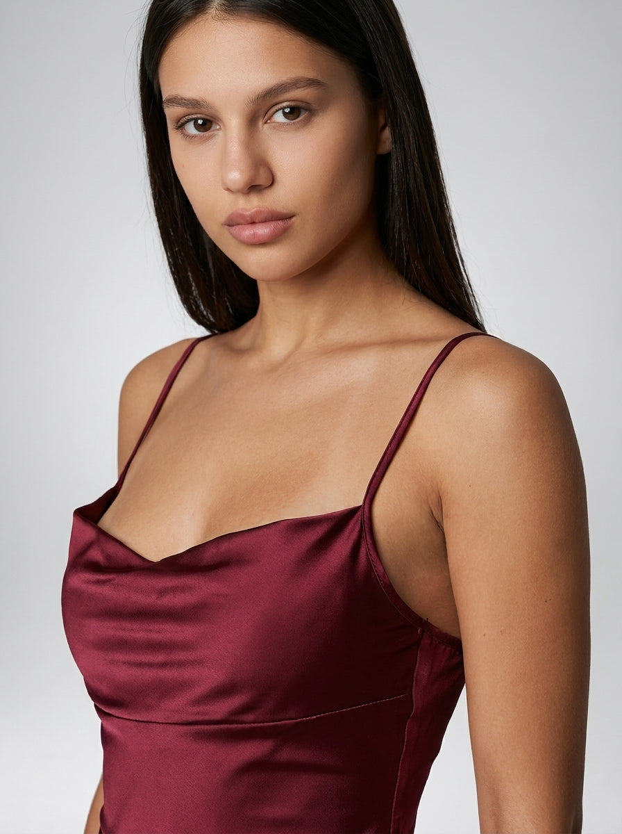 Bijou Satin Cowl Neck Spaghetti Strap Mini Dress in Burgundy