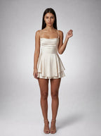 Bijou Satin Cowl Neck Spaghetti Strap Mini Dress in Cream