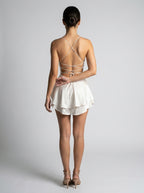 Bijou Satin Cowl Neck Spaghetti Strap Mini Dress in Cream