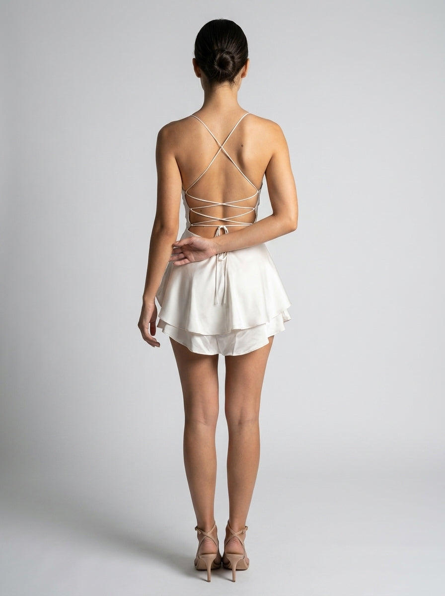 Bijou Satin Cowl Neck Spaghetti Strap Mini Dress in Cream