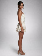 Bijou Satin Cowl Neck Spaghetti Strap Mini Dress in Cream