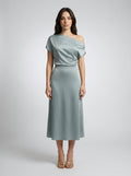 Margaux Satin One Shoulder Draped Wedding Guest Midi Dress in Sage