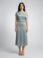 Margaux Satin One Shoulder Draped Wedding Guest Midi Dress in Sage