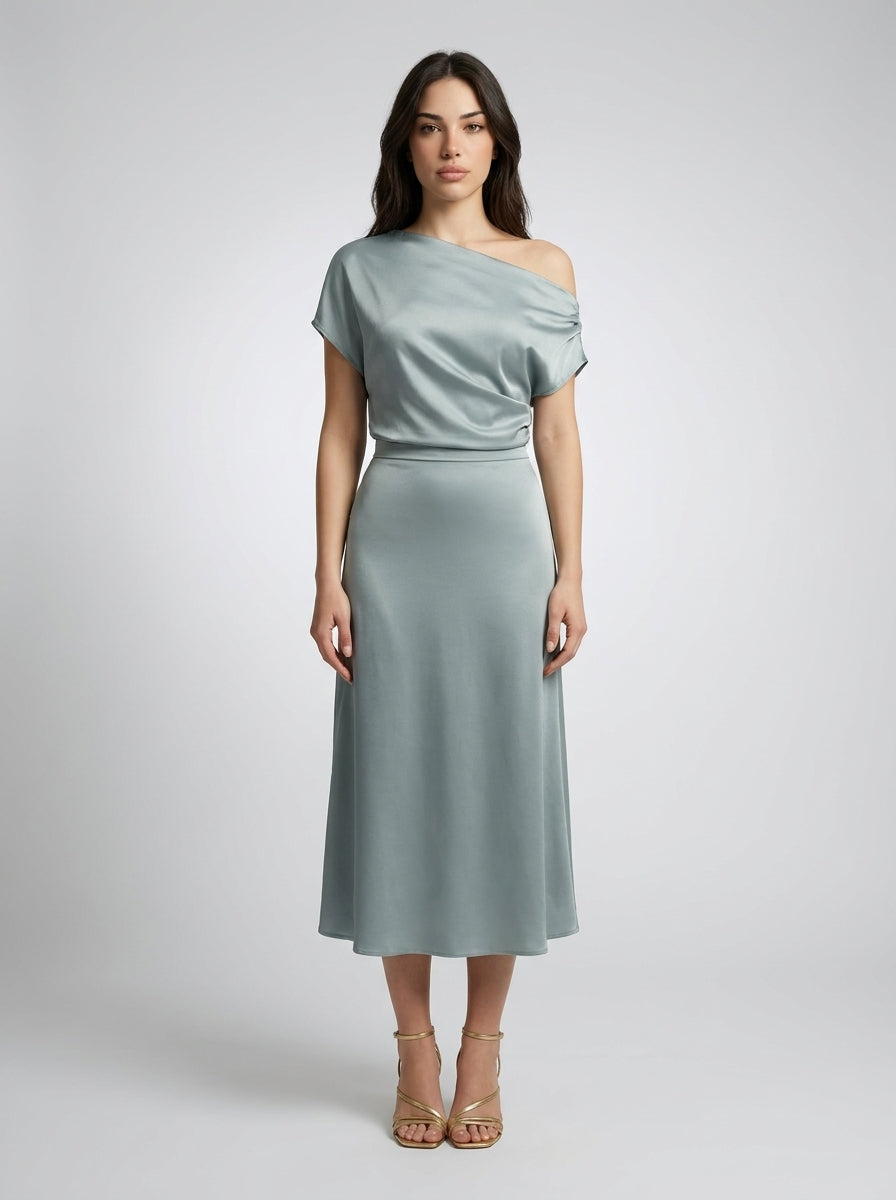 Margaux Satin One Shoulder Draped Wedding Guest Midi Dress in Sage