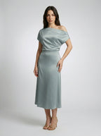Margaux Satin One Shoulder Draped Wedding Guest Midi Dress in Sage