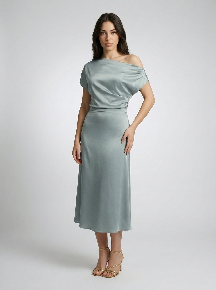 Margaux Satin One Shoulder Draped Wedding Guest Midi Dress in Sage