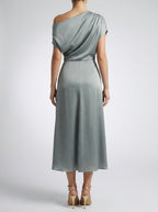 Margaux Satin One Shoulder Draped Wedding Guest Midi Dress in Sage