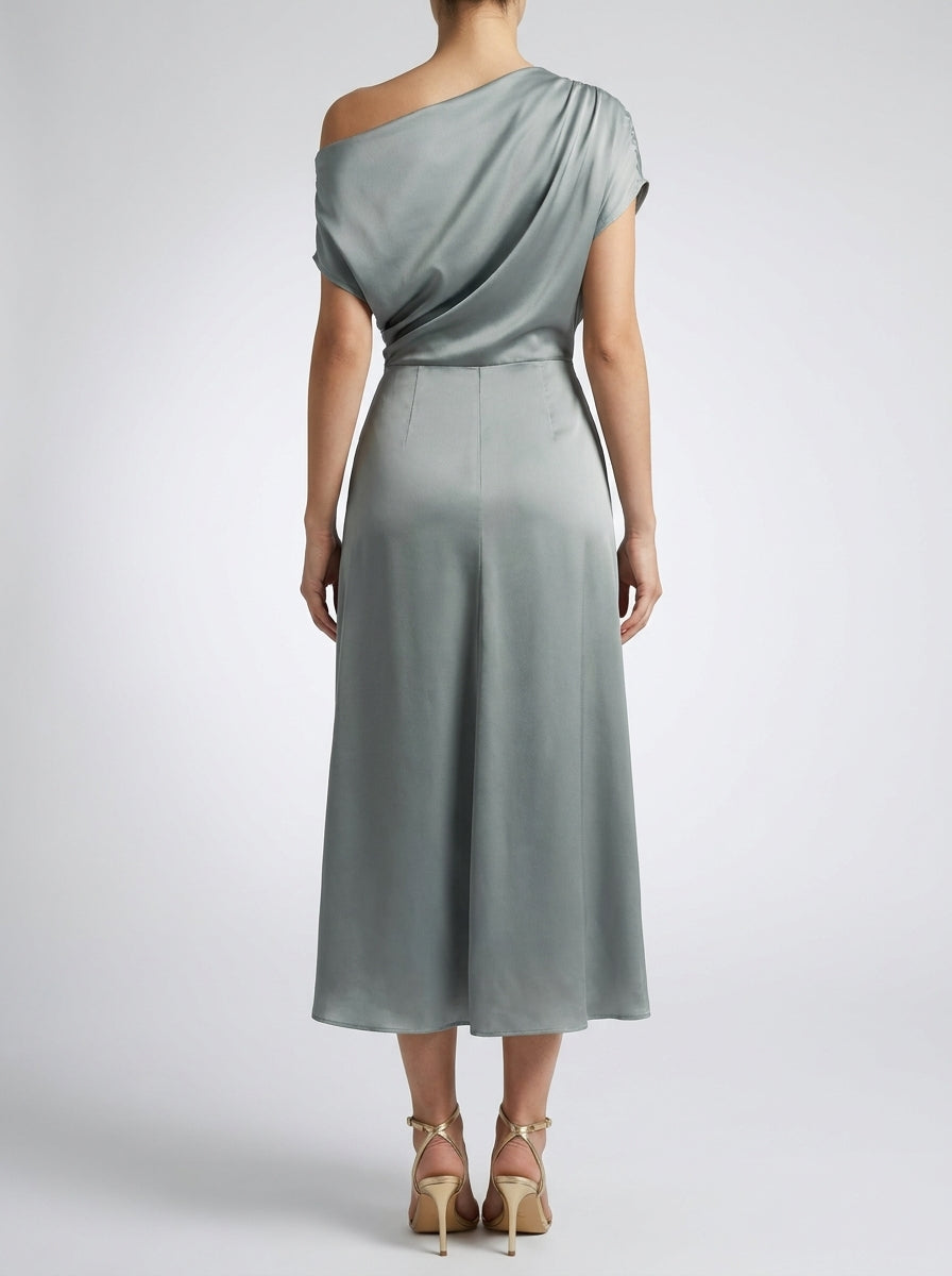 Margaux Satin One Shoulder Draped Wedding Guest Midi Dress in Sage