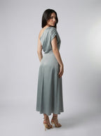 Margaux Satin One Shoulder Draped Wedding Guest Midi Dress in Sage