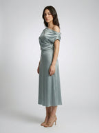 Margaux Satin One Shoulder Draped Wedding Guest Midi Dress in Sage