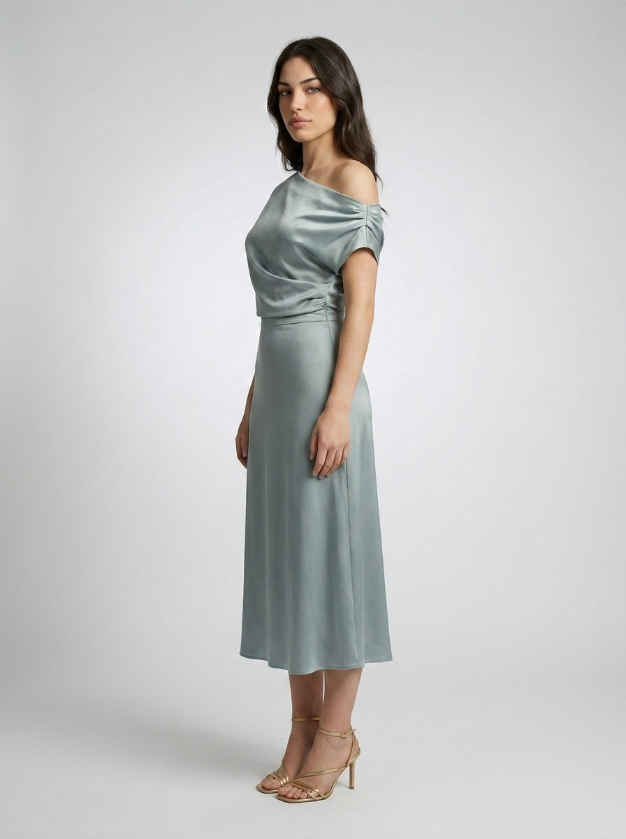 Margaux Satin One Shoulder Draped Wedding Guest Midi Dress in Sage