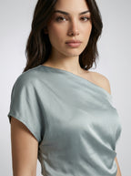 Margaux Satin One Shoulder Draped Wedding Guest Midi Dress in Sage