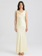Seraphina Satin Cowl Neck Wedding Guest Maxi Dress in Cream
