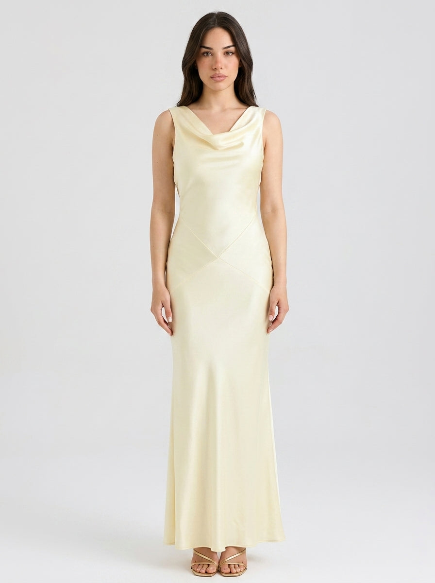 Seraphina Satin Cowl Neck Wedding Guest Maxi Dress in Cream