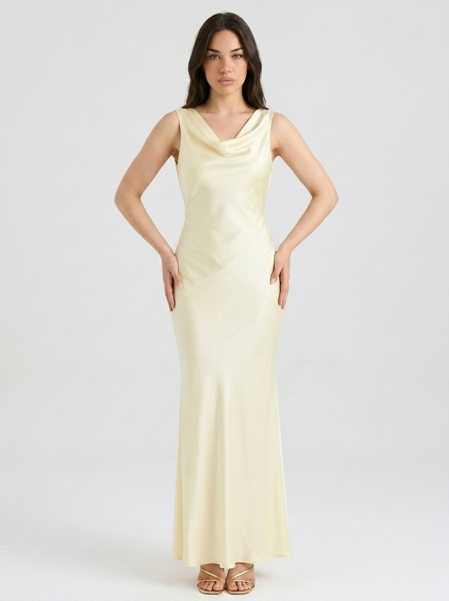 Seraphina Satin Cowl Neck Wedding Guest Maxi Dress in Cream