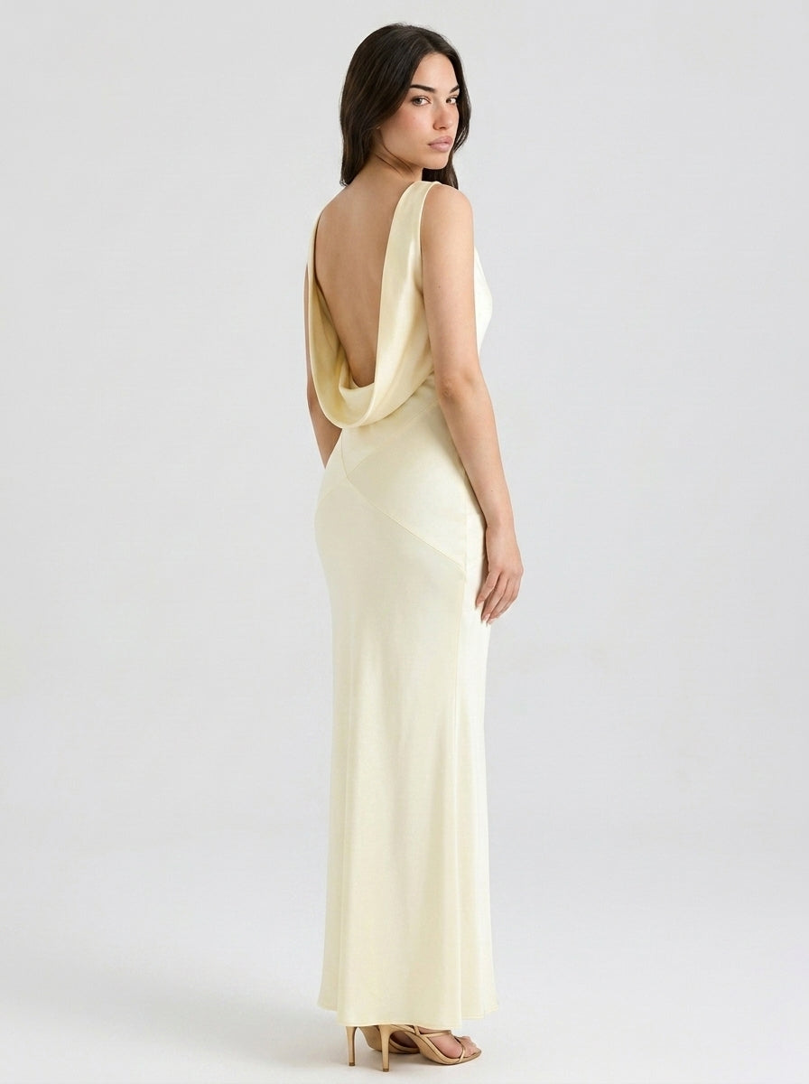 Seraphina Satin Cowl Neck Wedding Guest Maxi Dress in Cream