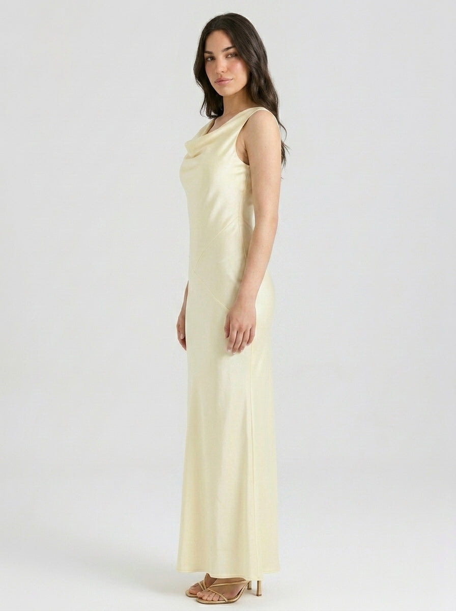 Seraphina Satin Cowl Neck Wedding Guest Maxi Dress in Cream