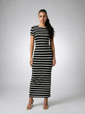 Violette Striped Crew Neck Short Sleeve Bodycon Maxi Dress in Black