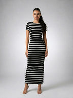 Violette Striped Crew Neck Short Sleeve Bodycon Maxi Dress in Black