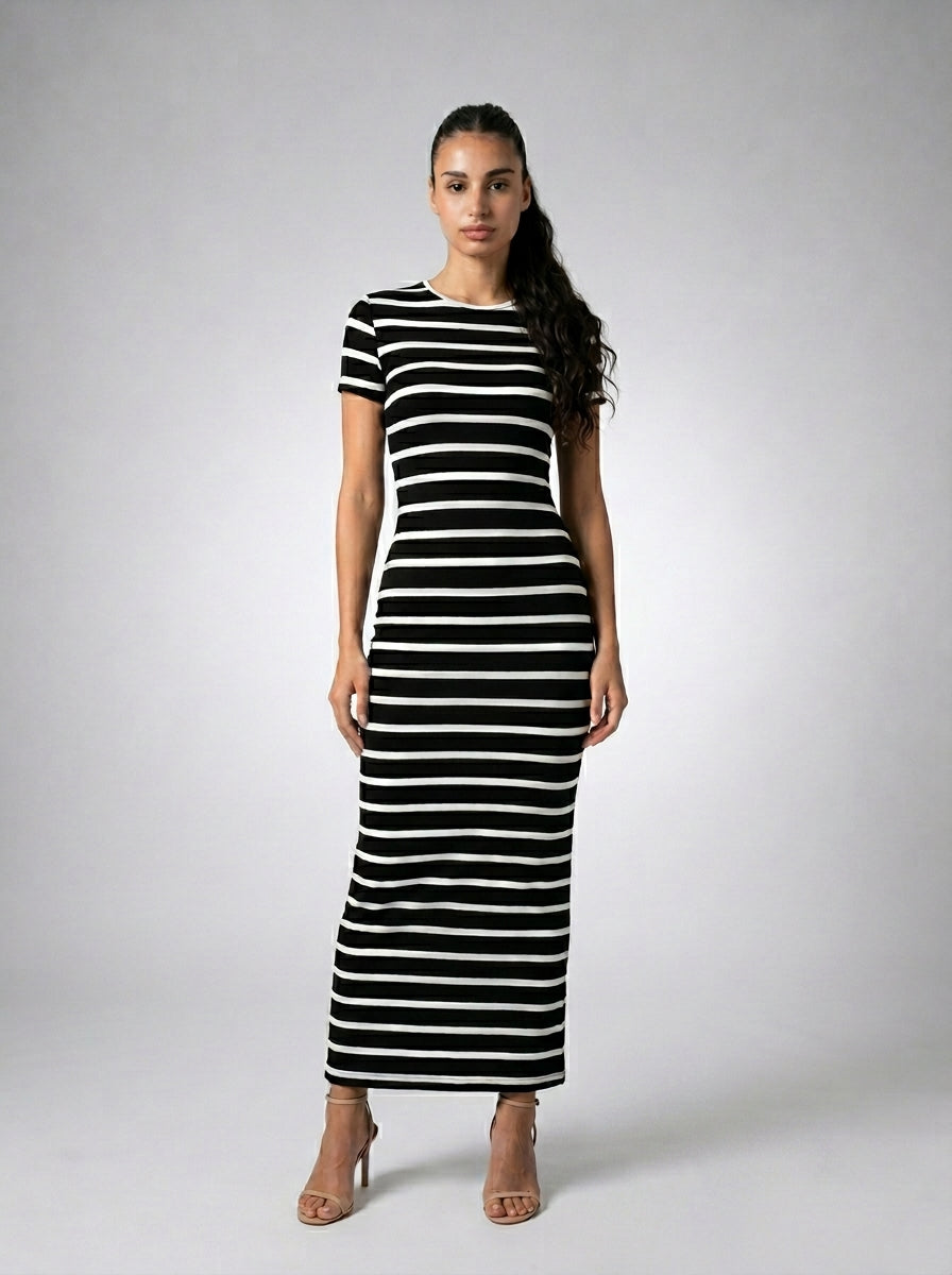 Violette Striped Crew Neck Short Sleeve Bodycon Maxi Dress in Black