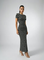 Violette Striped Crew Neck Short Sleeve Bodycon Maxi Dress in Black