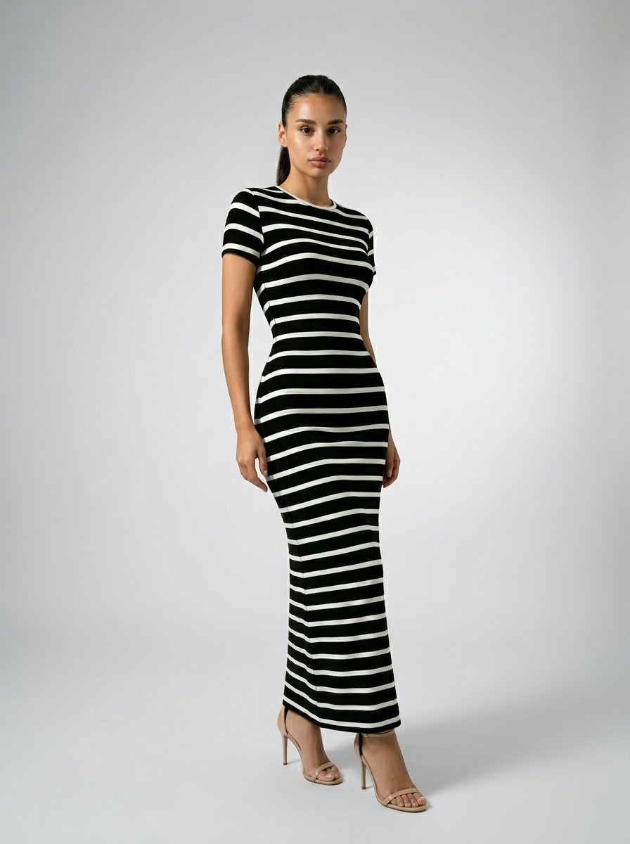 Violette Striped Crew Neck Short Sleeve Bodycon Maxi Dress in Black