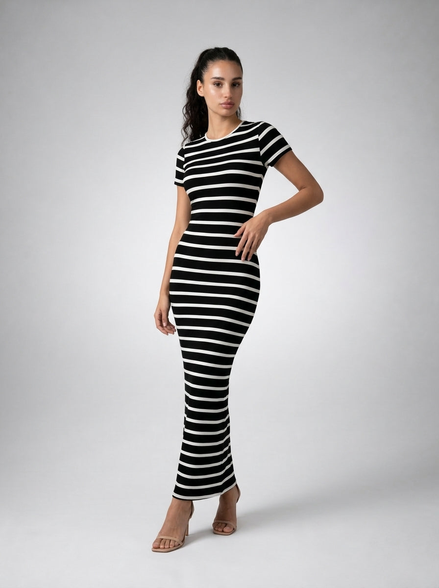 Violette Striped Crew Neck Short Sleeve Bodycon Maxi Dress in Black