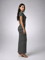 Violette Striped Crew Neck Short Sleeve Bodycon Maxi Dress in Black