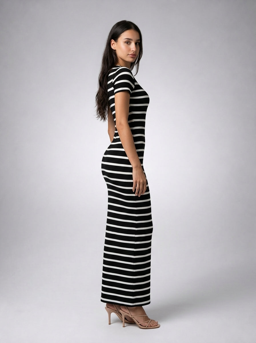 Violette Striped Crew Neck Short Sleeve Bodycon Maxi Dress in Black