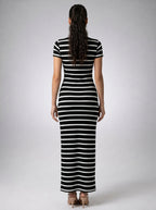 Violette Striped Crew Neck Short Sleeve Bodycon Maxi Dress in Black