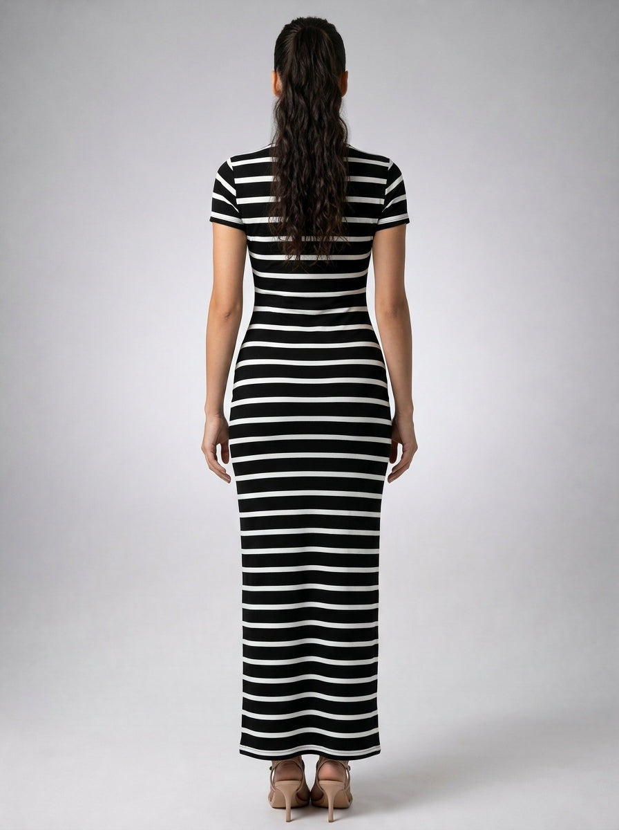 Violette Striped Crew Neck Short Sleeve Bodycon Maxi Dress in Black
